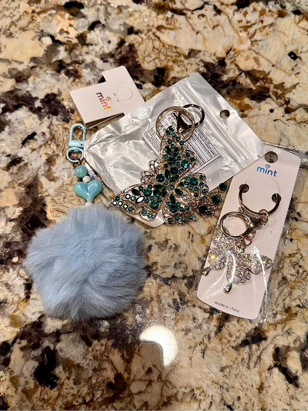 Mint Jeweled Rhinestone Butterfly Smaller Butterfly & Pom-Pom Keychains Bag Char